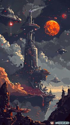 an image of a sci - fi city in the sky with clouds and planets around it