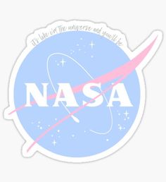 an nasa sticker with the word nasa written in white and pink on blue background