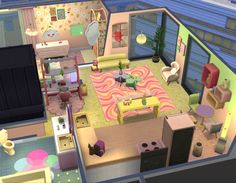 an aerial view of a living room and kitchen area in a dollhouse with lots of furniture