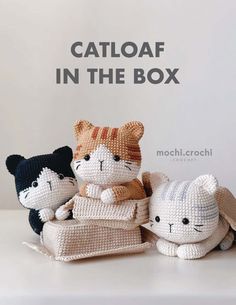 three crocheted cats sitting next to each other with the caption catoaf in the box