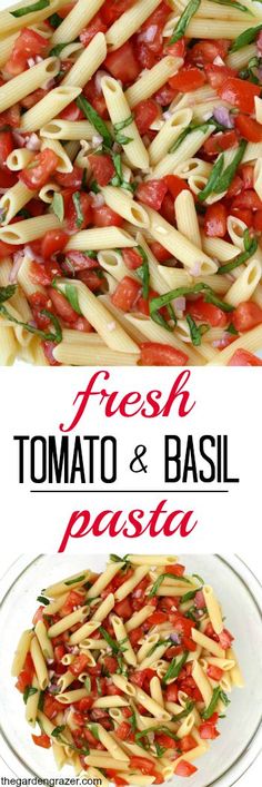 fresh tomato and basil pasta on a white plate with the title above it in red text