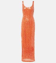 Bex sequined maxi dress in orange - Simkhai | Mytheresa Orange Bridesmaid Dresses, Orange Maxi Dress, Pleated Maxi Dress, Maxi Tank Dress, Orange Fashion, Orange Dress, White Maxi Dresses, Made In China, Wedding Guest Outfit