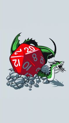 a red dice sitting on top of some rocks next to a green dragon's head