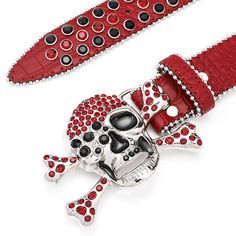 Make a bold statement with the Skull Buckle Red Strap Belt, featuring black and red studded rhinestones. This striking accessory showcases a detailed skull buckle paired with a vivid red strap, creating a dramatic contrast of colors and textures. Perfect for adding a gothic or edgy touch to any outfit, this belt is designed for both style and durability. Its adjustable fit ensures comfort, making it the ideal accessory for those looking to stand out with a daring fashion statement. Belt Store, Rhinestone Belt, White Belt, The Skull, Denim Jeans Men, Halloween Dress, Fashion Statement, Black And Red, Womens Shirts