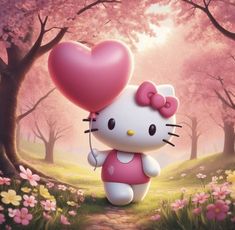 a hello kitty holding a heart shaped balloon in the middle of a forest with pink flowers