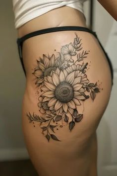 27+ Beautiful Sunflower Tattoo Ideas Cover Up Sunflower Tattoo, Thought Tattoo Ideas Women, Sunflower Tattoo On Hip, Sunflower Thigh Tattoos Women, Sunflower Skull Tattoo, Sunflower Thigh Tattoo, Sunflower Back Tattoo, Sunflower And Rose Tattoo