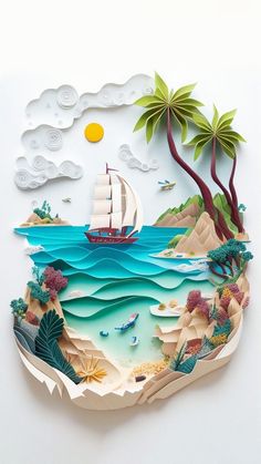 a paper cut out of the ocean with a sailboat and palm trees on it