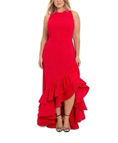 Betsy & Adam Plus size ruffle tier scuba crepe /zappos #fashiom #dress #reddress #womenfashion #style #dressoftheday #ootd Macys Red Dresses, Ruffle Sleeve Scuba Dress, Evening Dress Collection, Pleated Skirt Dress, Plus Size Gowns, Gowns Online, Ruffle Hem Dress, Review Dresses, Dress Zipper