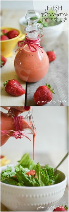 fresh strawberry dressing being drizzled onto a salad