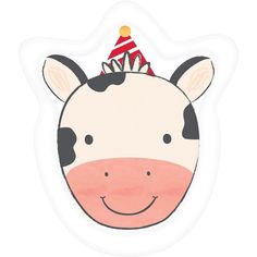 a cow with a party hat on it's head is shown in the shape of a sticker