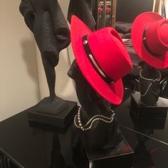 Be Seen In This Gorgeous Red Felt Hat Great Look With Jeans Or A Dress Red Fedora With Curved Brim For Parties, Red Fitted Fedora For Party, Red Fedora Party Hat, Red Fedora Hat For Party, Red Fedora With Short Brim For Parties, Red Brimmed Fedora For Party, Red Wide Brim Fedora For Party, Elegant Red Fedora For Fall, Red Flat Brim Fedora For Spring