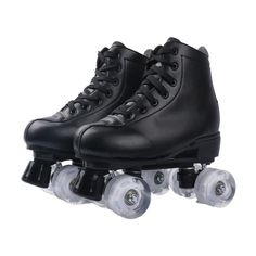 the roller skates are black with white wheels