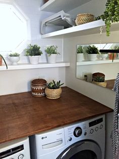 a washer and dryer in a small room with plants on the shelf above