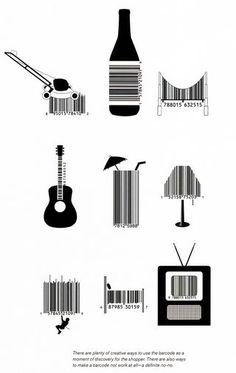 an advertisement with barcodes on the back of it and various items in black and white