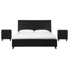 a black bed with two night stands next to it