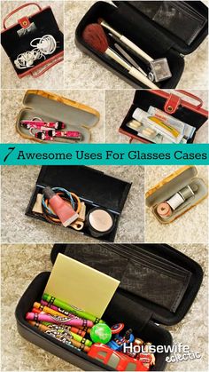 an open case filled with lots of different types of items and text that says 7 awesome uses for glasses cases