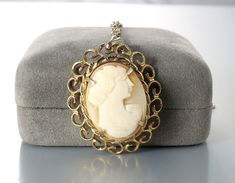 Beautiful 1960s carved cameo necklace.  The actual cameo measures 1 inch by 0.75 inches.  Pendant measures 1.425 by 1.25 inches without counting the bale. Chain is 16 inches long. In very good vintage condition! Cameo Pendant Necklace, 1960s Jewelry, Spartanburg Sc, Victorian Revival, Carved Shell, Cameo Necklace, Cameo Pendant, Vintage Brooches, Jewelry Necklace Pendant