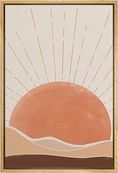 an orange and white painting with the sun in the sky above it on a beige background