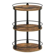 three tiered wooden shelf with metal trimmings and round shelves on each side