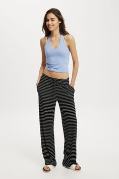 BELLA WIDE LEG PANT Casual Pinstripe Wide Leg Bottoms, Casual Pinstripe Wide-leg Bottoms, Casual Spring Bottoms With Contrast Stripes, Casual Striped Bottoms For Spring, Spring Casual Bottoms With Contrast Stripes, Spring Casual Striped Bottoms, Striped Stretch Pants For Loungewear, Stretch Striped Pants For Loungewear, Spring Pants With Contrast Stripes