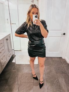 Faux Leather Crossover Miniskirt curated on LTK Office Christmas Party, Sequined Top, Christmas Light Displays, Velvet Mini Skirt, H&m Top, Cozy Cardigan, Glam Looks, Tailored Blazer, I Got It