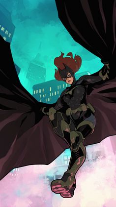 an animated image of a woman dressed as batgirl flying through the air with her cape open