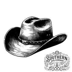 a black and white drawing of a cowboy hat with the words southern six company on it