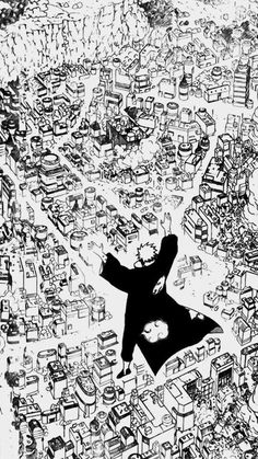 a black and white drawing of a person flying over a city