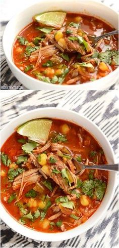 two bowls of soup with meat, beans and cilantro