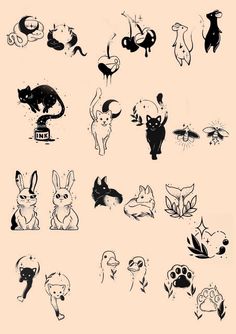 various black and white images of animals on a pink background