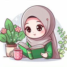 a cartoon character reading a book next to a potted plant