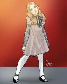 a drawing of a girl with long blonde hair in a dress and black shoes, standing against a red wall