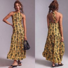 A Gorgeous And Flowy Relaxed Fit Satin Maxi Dress With A Dropped Waist By Farm Rio, Sold Exclusively At Anthropologie. Drop Waist Halter Style Neck Tie At Back Of Neck Open Back With Hidden Elastic 2 Side Pockets Tiered Maxi Skirt Paisley Tiger & Palm Leaves Pattern Machine Wash 100% Viscose Brand New With Tags. Large = Pit To Pit Is18" ; Approx. Length Is 55" Extra Large = Pit To Pit Is19.5"; Approx. Length Is 57" What Began As A Handful Of Goods At A Local Fashion Fair Booth Has Grown Into One Tiger Palm, Jungle Tiger, Satin Halter Dress, Fair Booth, Palm Leaves Pattern, Tiered Maxi Skirt, Feminine Chic, Posh Party, African Print Fabric