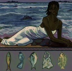 a painting of a woman laying on the beach next to some fish and seaweed