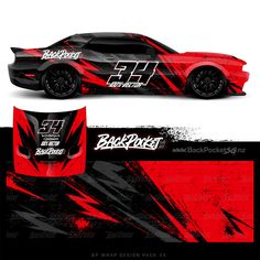 an image of a car wrapper for a racing team that is red and black