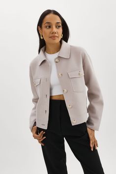 Embrace cozy sophistication with the Christine Wool Shirt Jacket. Made from a soft wool blend fabric, this jacket offers the perfect balance of comfort and style. Its cropped length adds a casual yet chic touch, making it an ideal choice for everyday wear. Cropped Wool Jacket, Crop Jacket Outfit, White Shirt Jacket, Cropped Jacket Outfit, European Spring, Wool Shirt Jacket, Wool Jackets Women, Cropped Coat, Winter 23