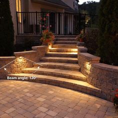 some steps lit up with lights in front of a house and flowers on the side