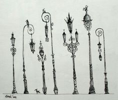 an ink drawing of street lamps in different styles and sizes, all lined up against a white background