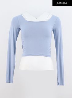 slimfit-u-neck-crop-top-io320 / Light blue Solid Light Blue Top For Spring, Light Blue Solid Color Top For Spring, Plain Slim Fit Casual Tops, Slim Fit Long Sleeve Light Blue Top, Casual Plain Slim Fit Top, Casual Slim Fit Plain Top, Spring Stretch Plain Tops, Light Blue Stretch Tops With Solid Color, Trendy Fitted Plain Tops