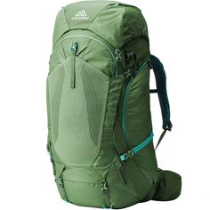 the back pack is green and has blue straps