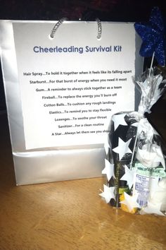 a gift bag sitting on top of a table next to a sign that says cheefeading survival kit