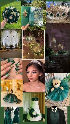 a collage of green and gold wedding colors, including the bride's dress