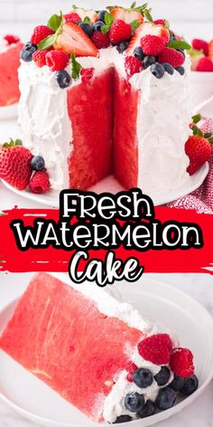 fresh watermelon cake with berries and whipped cream on top is cut in half