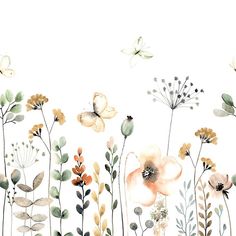 watercolor flowers and butterflies on a white background