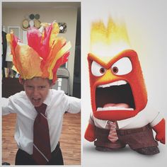 a young boy in a tie and angry bird costume next to an image of a cartoon character