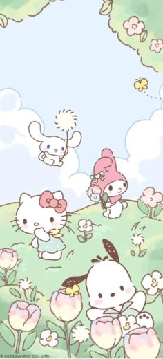 hello kitty and her friends are playing in the field