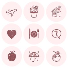 the icons are drawn in different styles and colors, including an umbrella, apple, house,