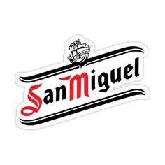 the san miguel logo sticker is shown on a white background with black and red lettering