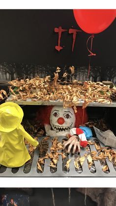 there are two different pictures with one clown and the other is a creepy doll in front of a bunch of fake leaves