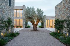 an outdoor courtyard with stone walls and trees